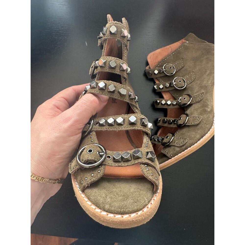 JEFFREY CAMPBELL BESS - TAUPE SUEDE STUDDED BUCKLE STRAP SANDAL BOOTIE - Picture 3 of 11